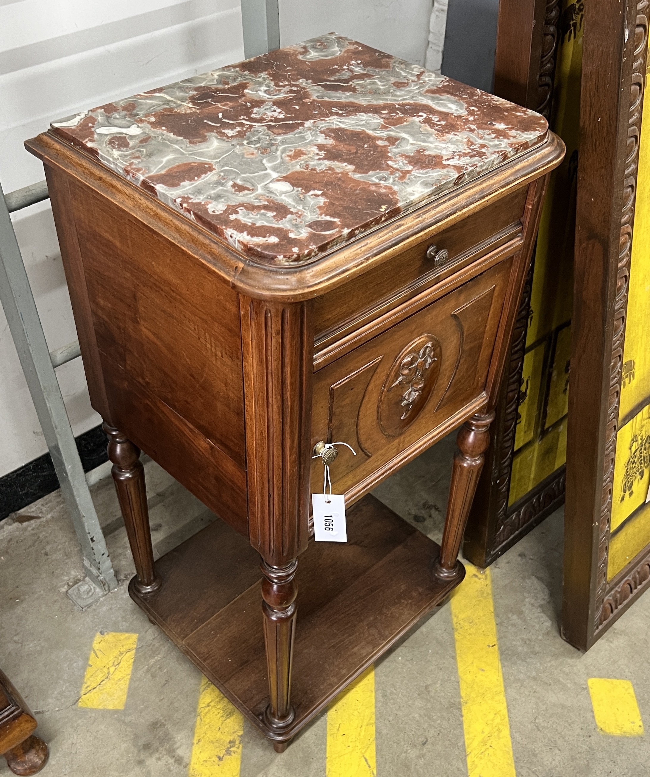 A late 19th century French marble topped walnut bedside cabinet, width 44cm, depth 38cm, height 87cm